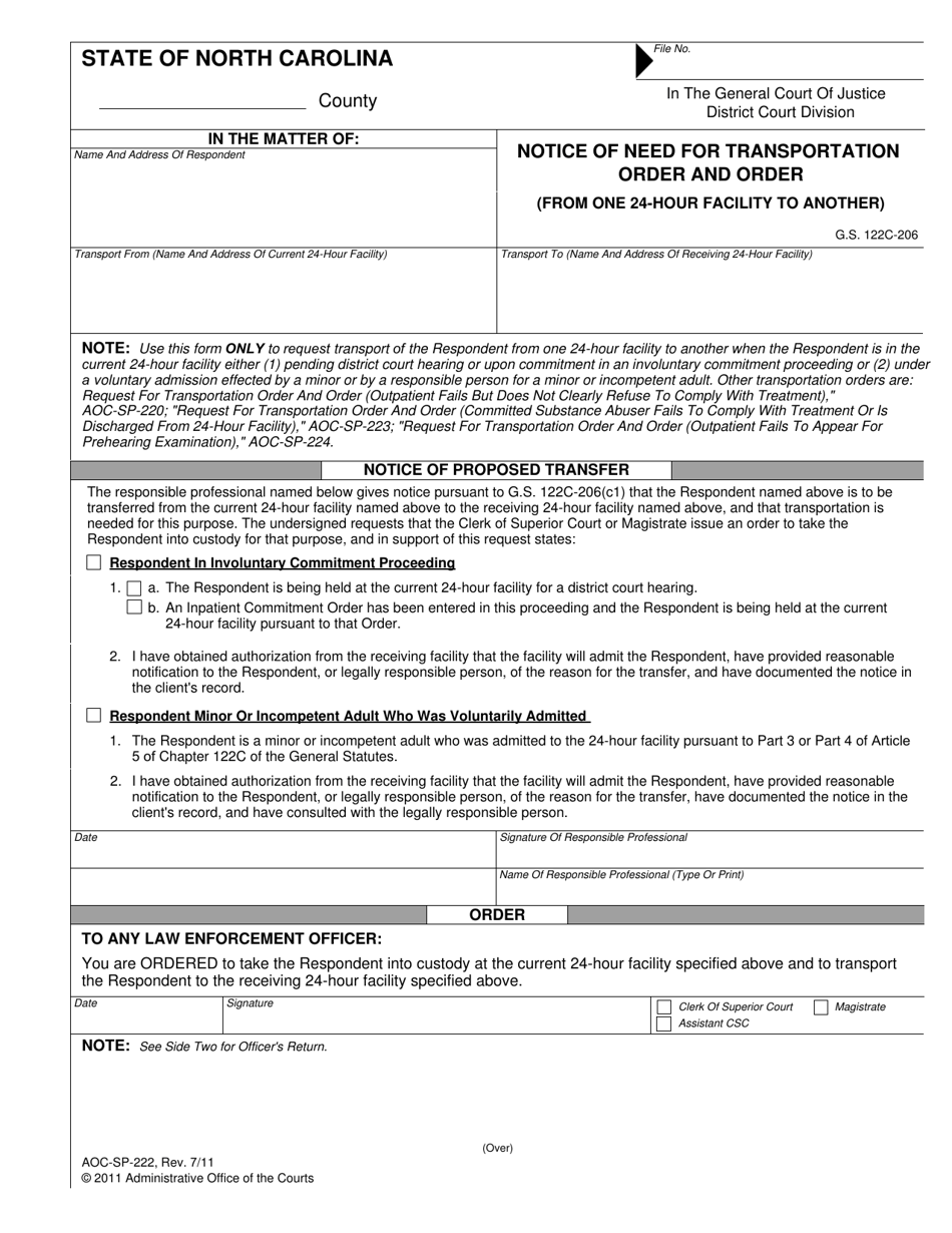 Form AOC-SP-222 Notice of Need for Transportation Order and Order (From One 24-hour Facility to Another) - North Carolina, Page 1