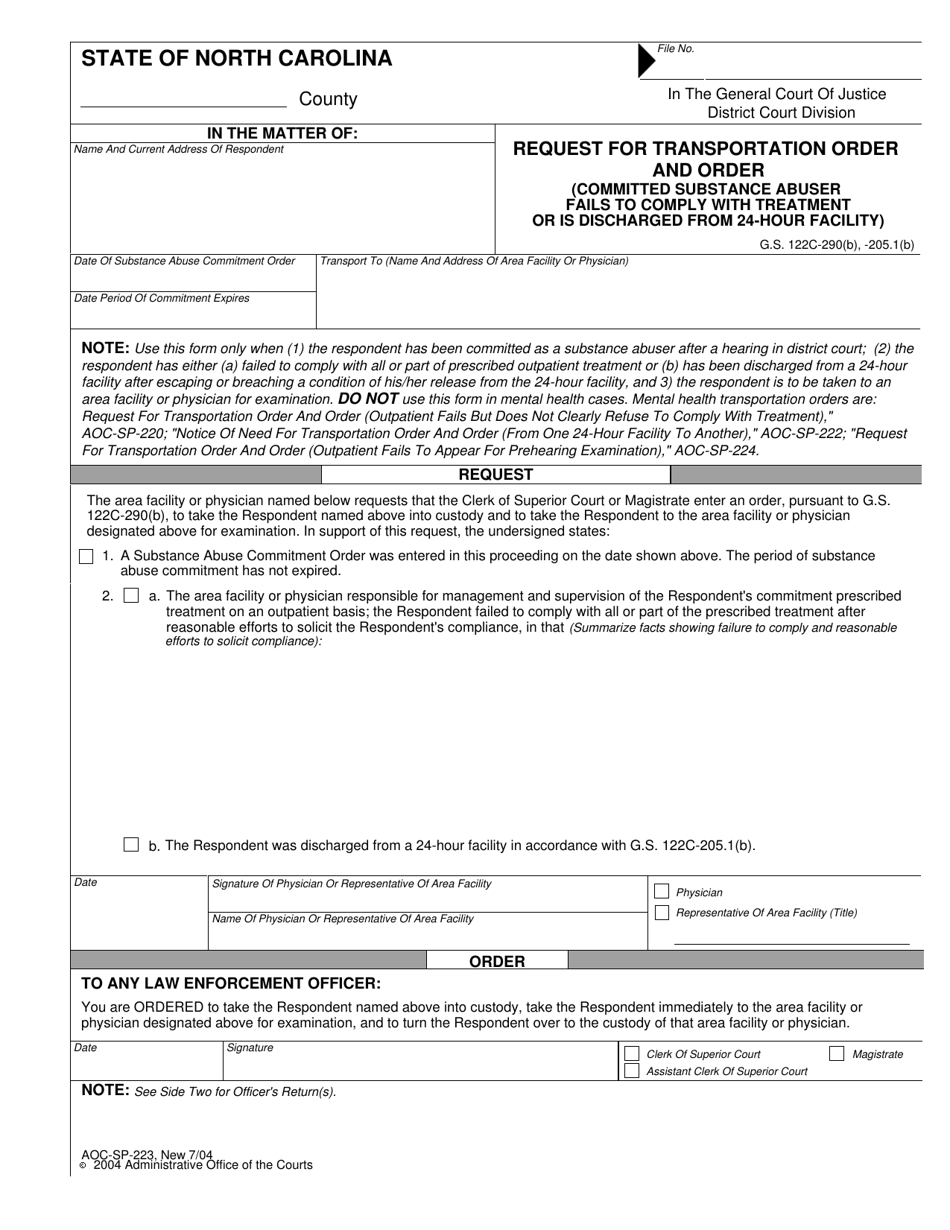 Form AOC-SP-223 Request for Transportation Order and Order (Committed Substance Abuser Fails to Comply With Treatment or Is Discharged From 24-hour Facility) - North Carolina, Page 1