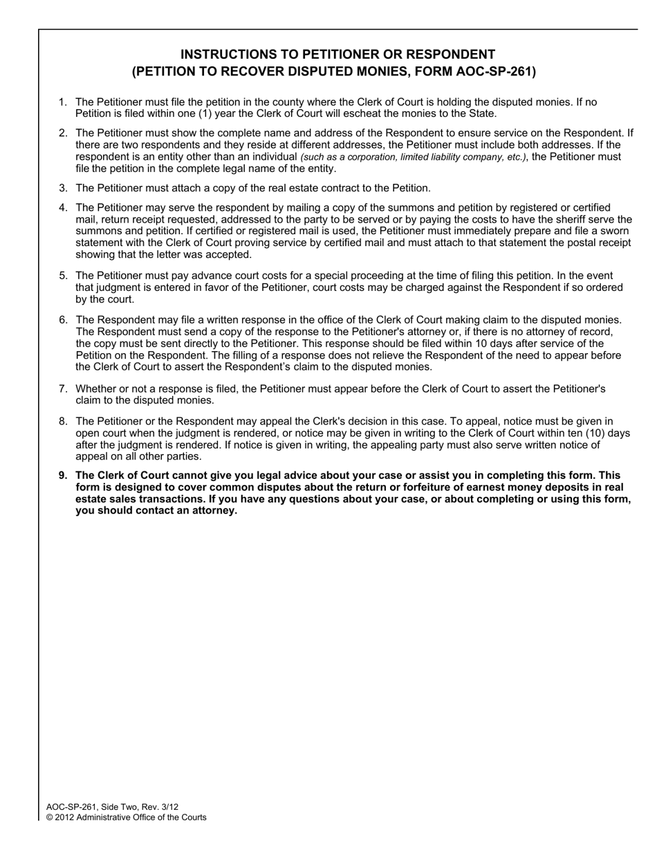 Form AOC-SP-261 Petition to Recover Disputed Monies - North Carolina, Page 2