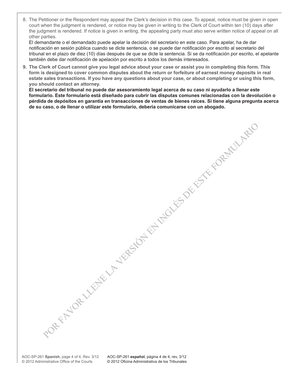 Form AOC-SP-261 Petition to Recover Disputed Monies - North Carolina (English / Spanish), Page 4