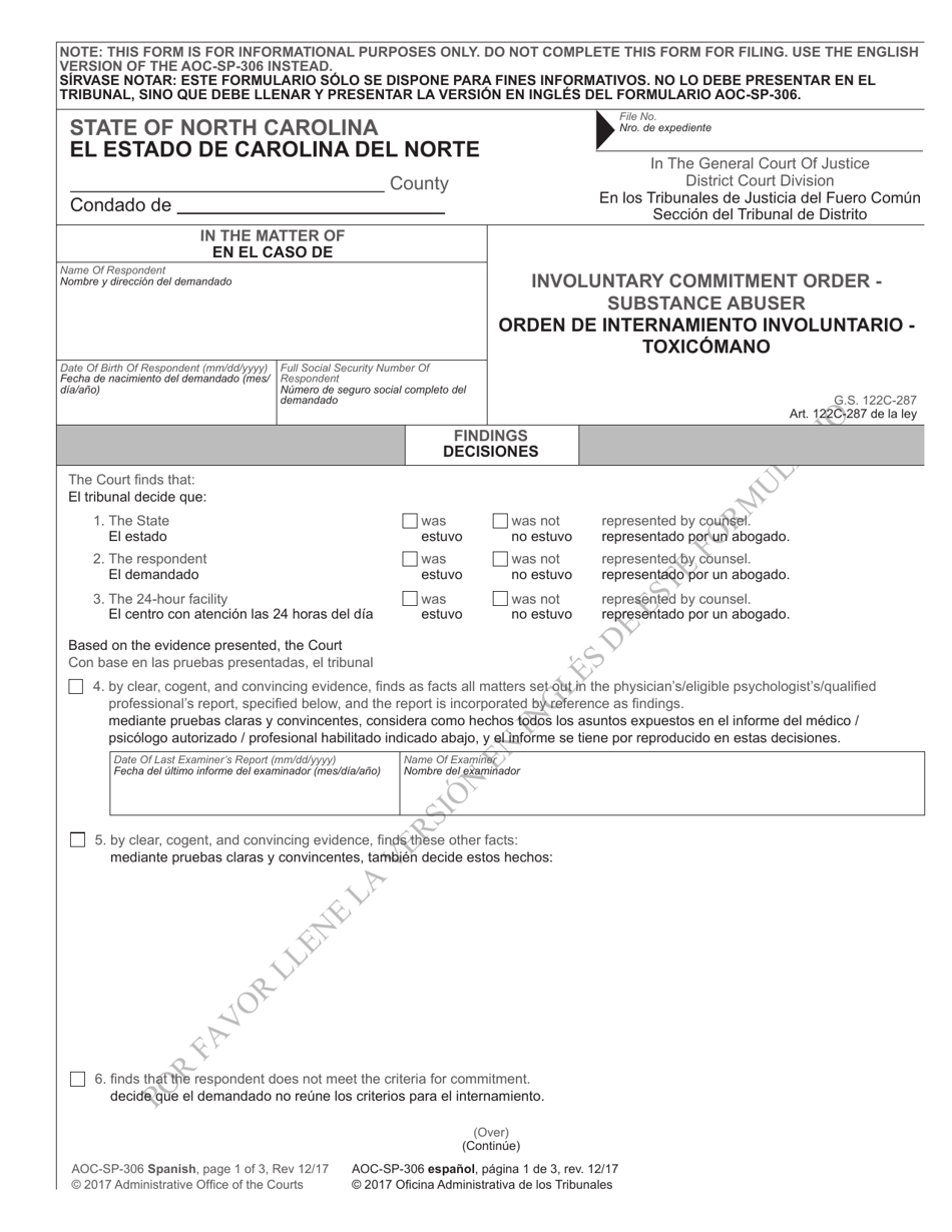Form AOC-SP-306 Involuntary Commitment Order - Substance Abuse - North Carolina (English / Spanish), Page 1