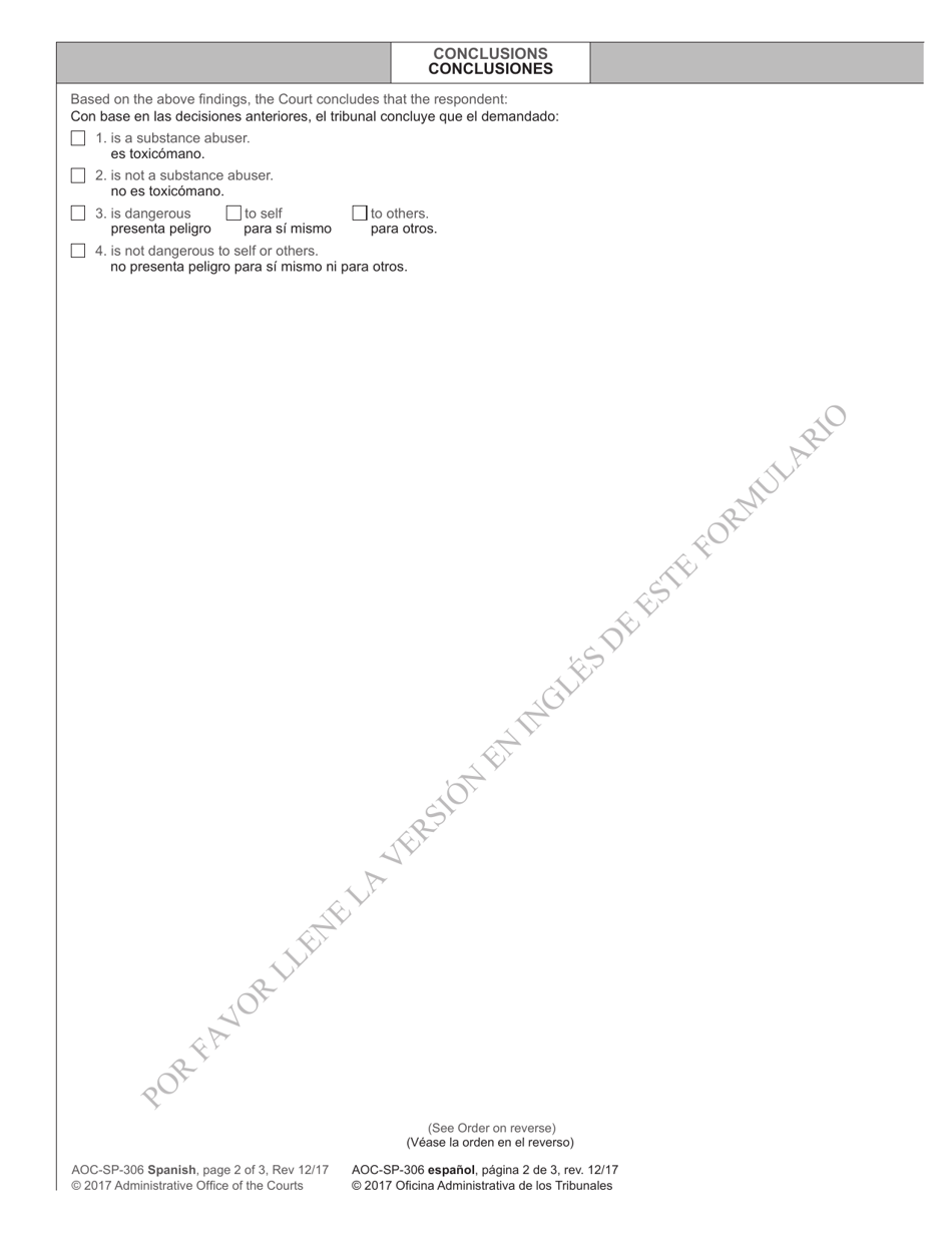 Form AOC-SP-306 Involuntary Commitment Order - Substance Abuse - North Carolina (English / Spanish), Page 2