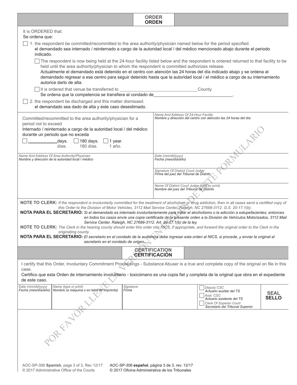 Form AOC-SP-306 Involuntary Commitment Order - Substance Abuse - North Carolina (English / Spanish), Page 3
