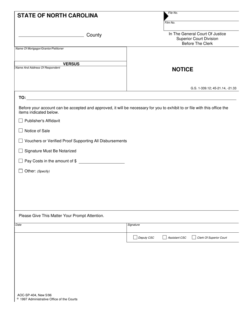 Form AOC-SP-404 Notice - North Carolina, Page 1