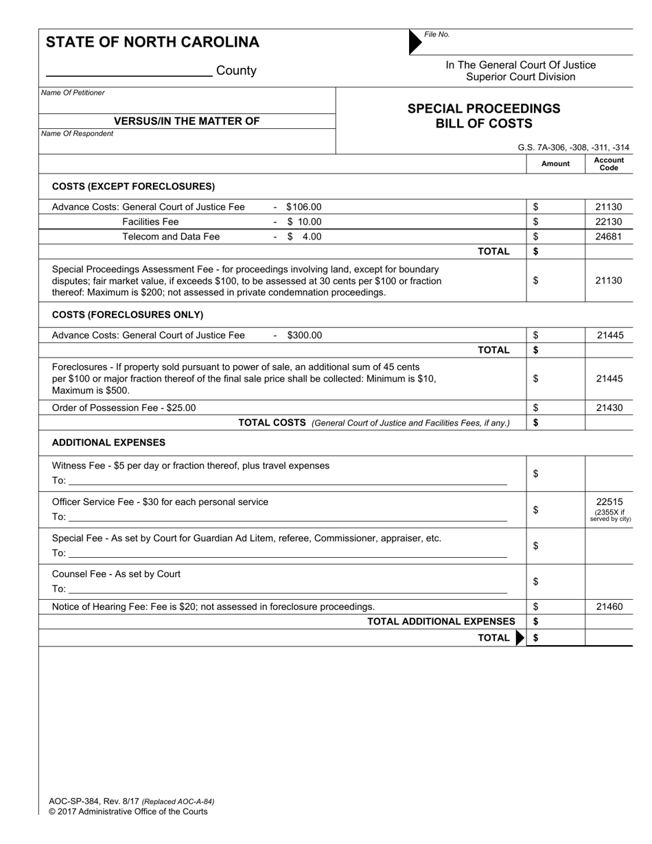 Form AOC-SP-384 Special Proceedings Bill of Costs - North Carolina, Page 1