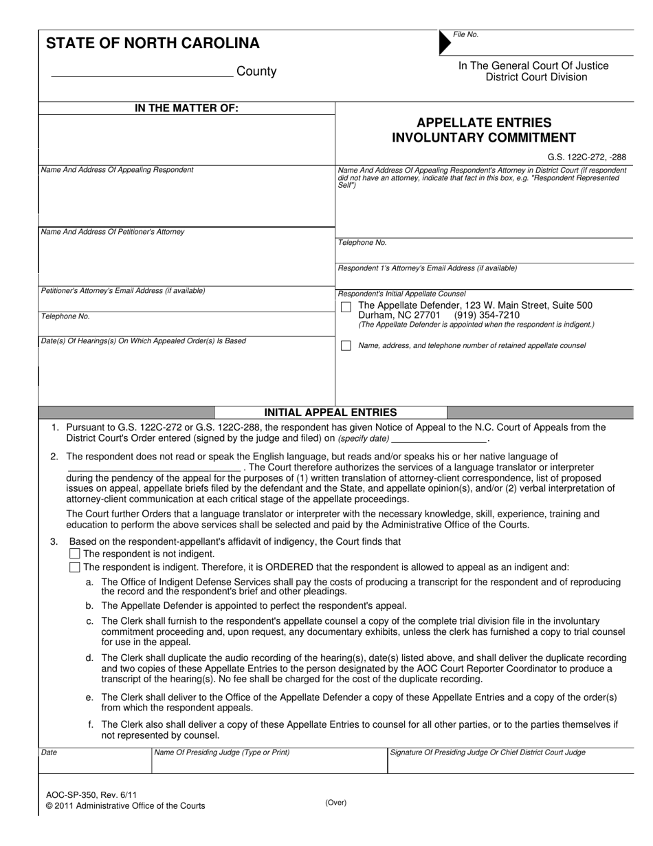Form AOC-SP-350 Appellate Entries Involuntary Commitment - North Carolina, Page 1
