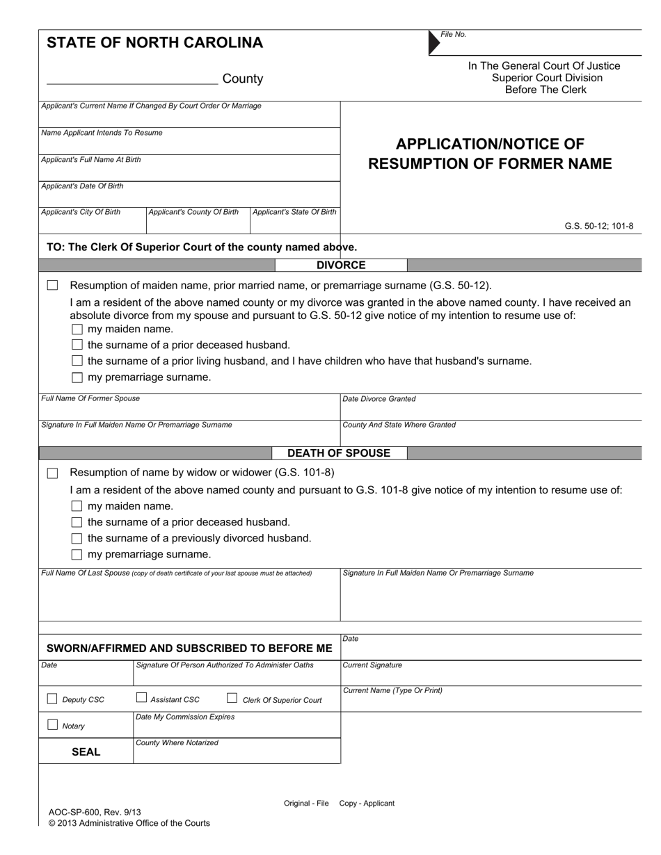 Form AOC-SP-600 Application / Notice of Resumption of Former Name - North Carolina, Page 1