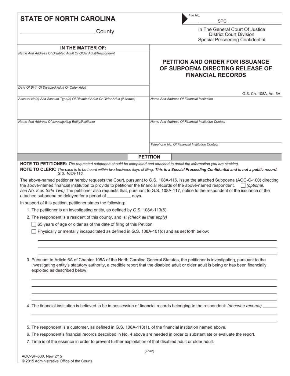 Form AOC-SP-630 Petition and Order for Issuance of Subpoena Directing Release of Financial Records - North Carolina, Page 1