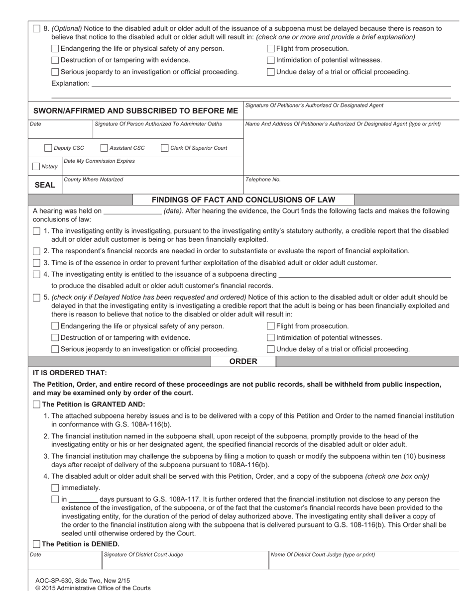 Form AOC-SP-630 Petition and Order for Issuance of Subpoena Directing Release of Financial Records - North Carolina, Page 2