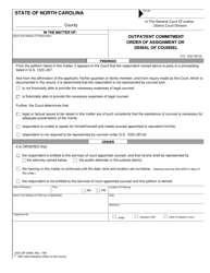 Document preview: Form AOC-SP-904M Outpatient Commitment Order of Assignment or Denial of Counsel - North Carolina