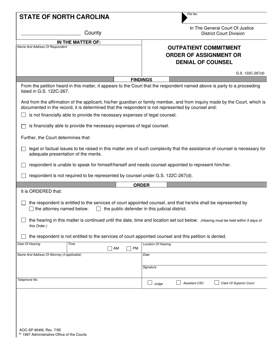 Form AOC-SP-904M Outpatient Commitment Order of Assignment or Denial of Counsel - North Carolina, Page 1