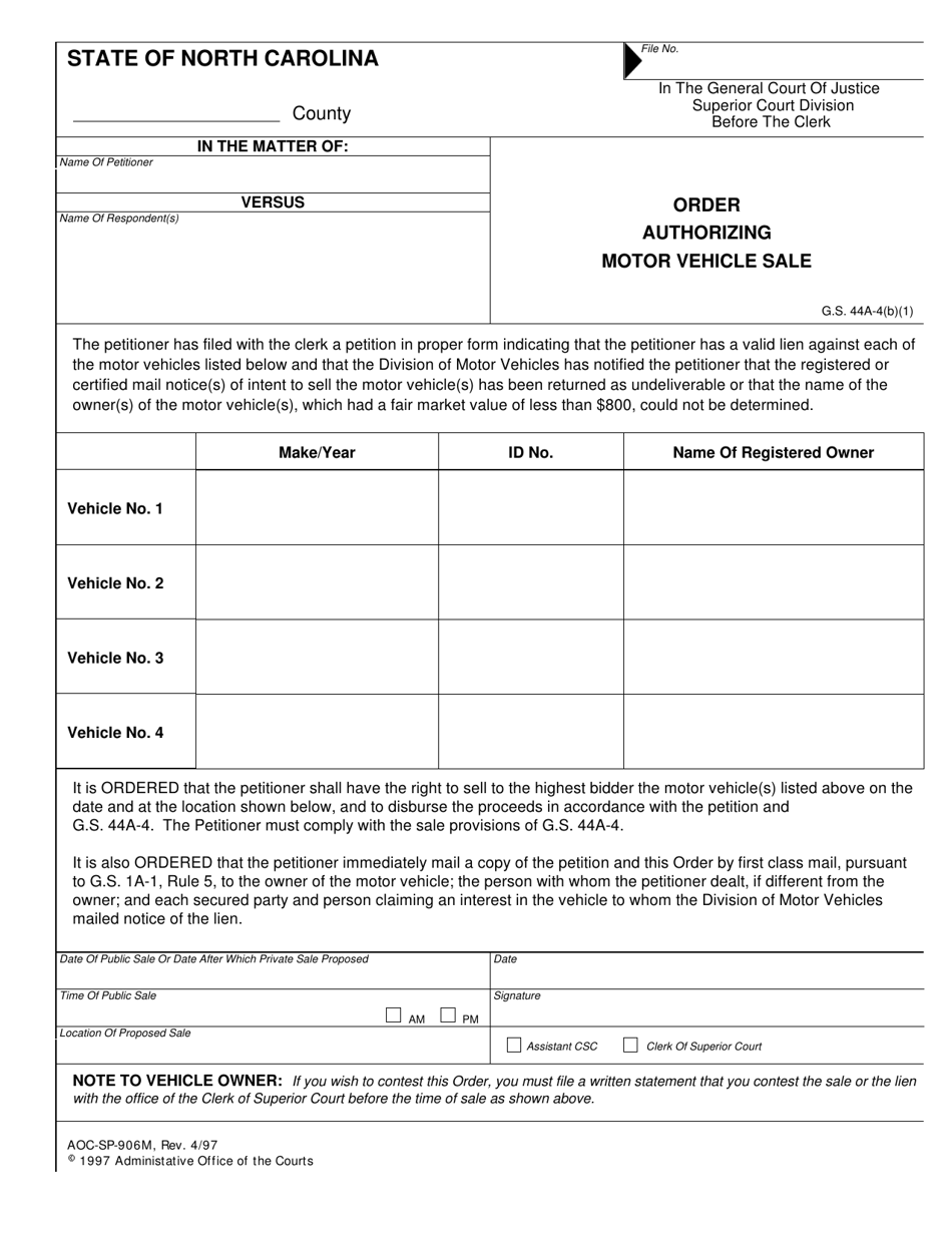Form AOC-SP-906M Order Authorizing Motor Vehicle Sale - North Carolina, Page 1