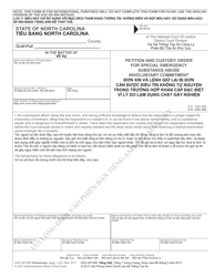 Document preview: Form AOC-SP-909 Petition and Custody Order for Special Emergency Substance Abuse Involuntary Commitment - North Carolina (English/Vietnamese)