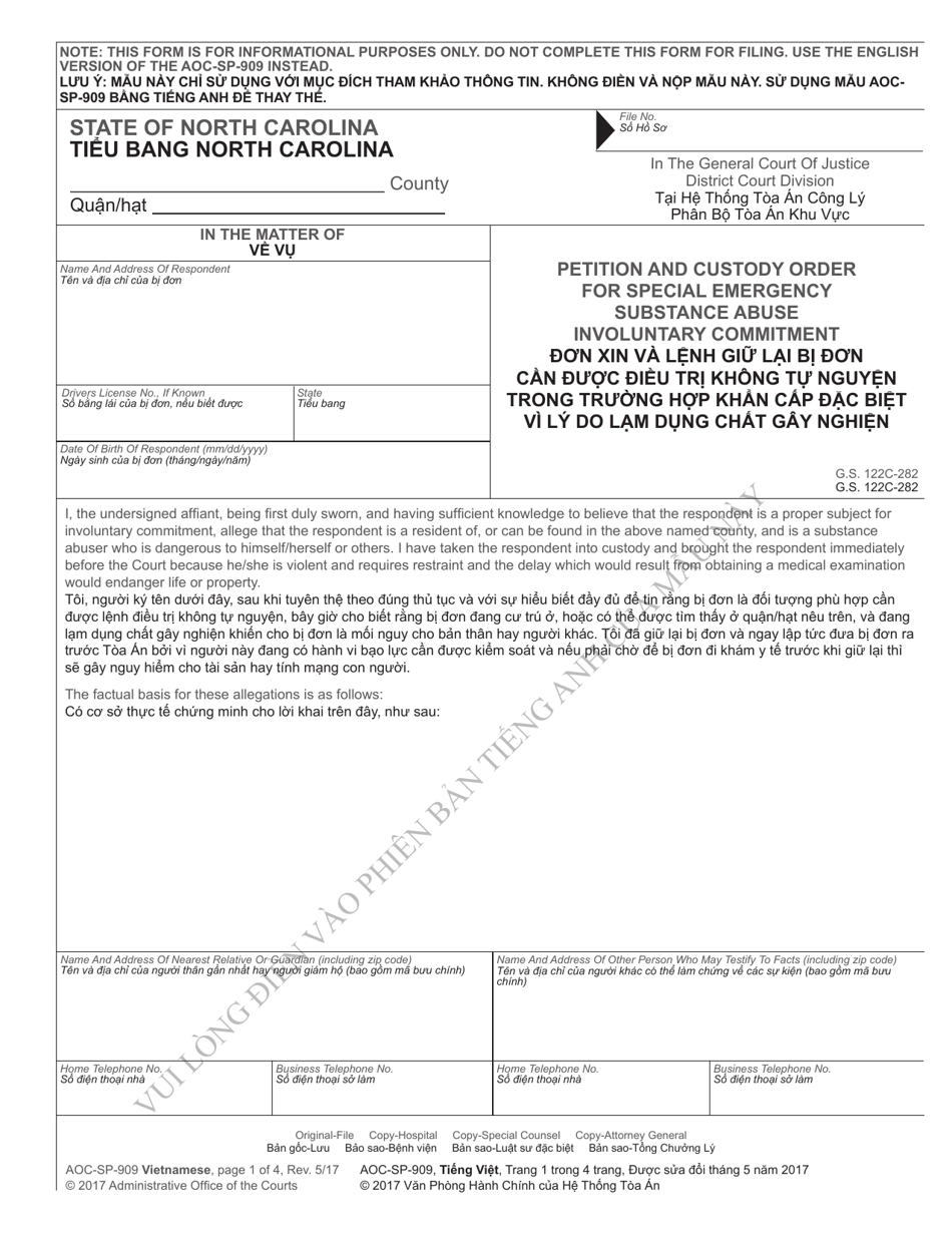 Form AOC-SP-909 Petition and Custody Order for Special Emergency Substance Abuse Involuntary Commitment - North Carolina (English / Vietnamese), Page 1