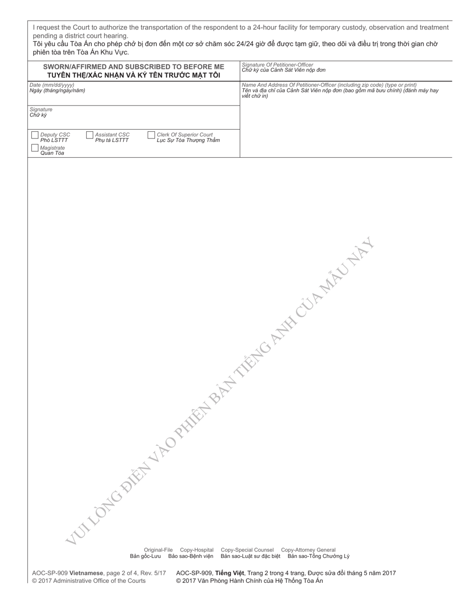 Form AOC-SP-909 Petition and Custody Order for Special Emergency Substance Abuse Involuntary Commitment - North Carolina (English / Vietnamese), Page 2