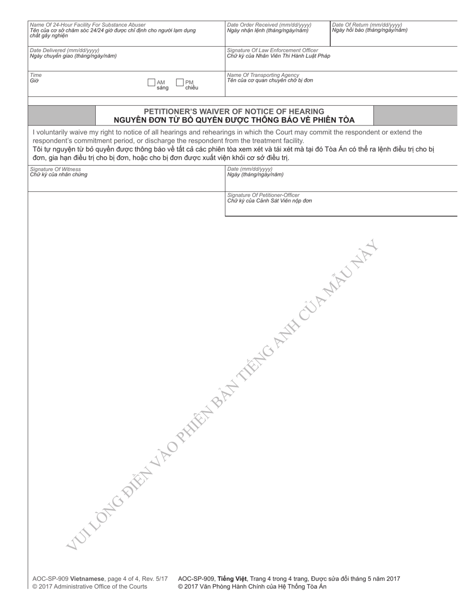 Form AOC-SP-909 Petition and Custody Order for Special Emergency Substance Abuse Involuntary Commitment - North Carolina (English / Vietnamese), Page 4