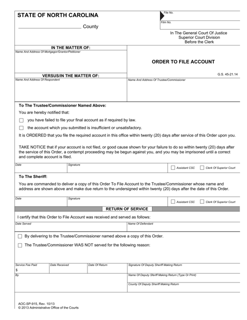 Form AOC-SP-915 Order to File Account - North Carolina