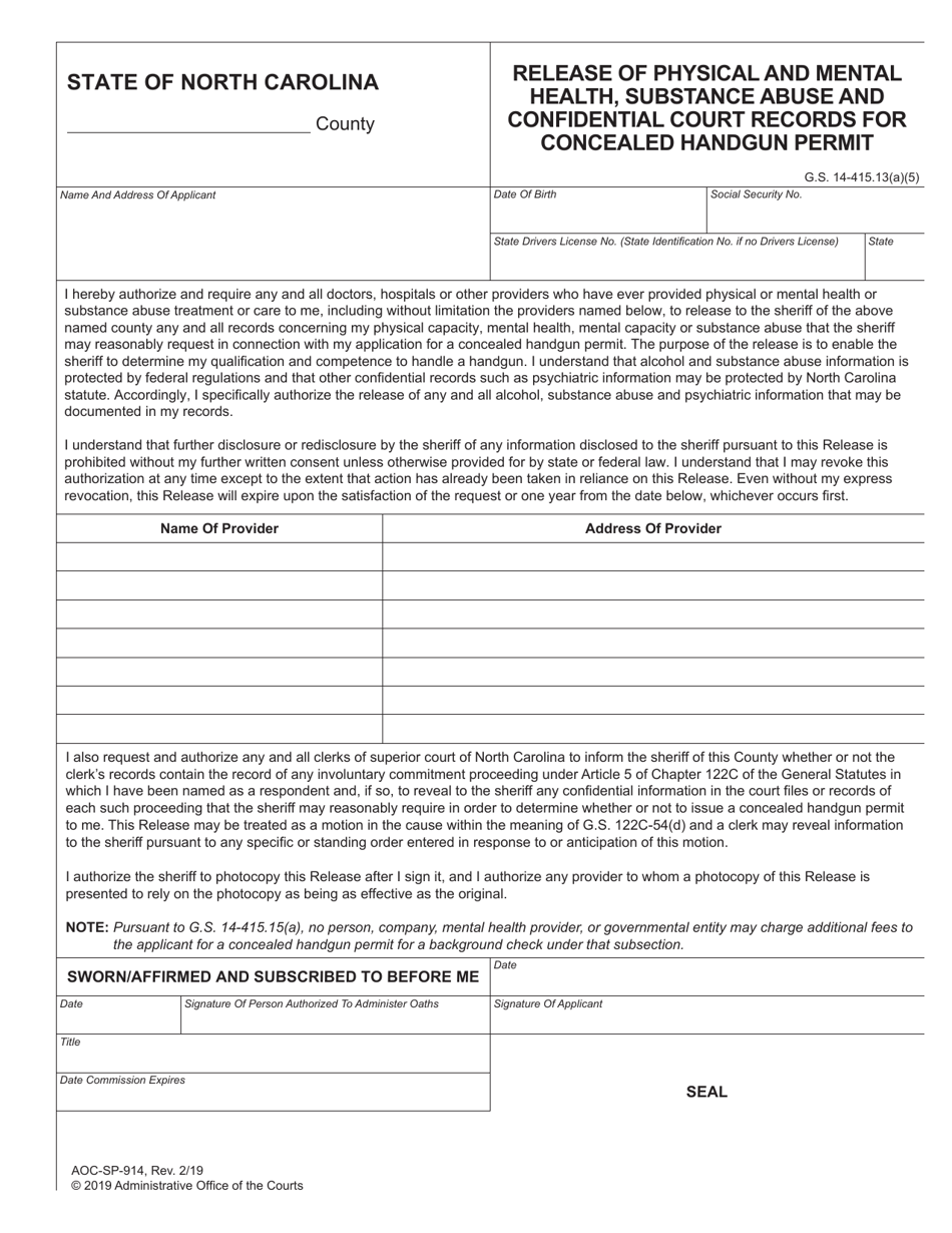 Form AOC-SP-914 Release of Physical and Mental Health, Substance Abuse and Confidential Court Records for Concealed Handgun Permit - North Carolina, Page 1