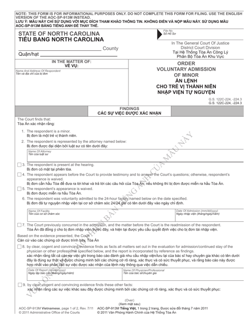 Form AOC-SP-913M Order Voluntary Admission of Minor - North Carolina (English/Vietnamese)
