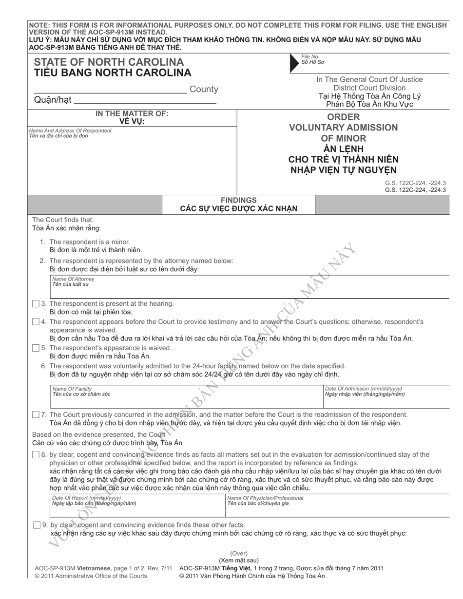 Form AOC-SP-913M Order Voluntary Admission of Minor - North Carolina (English / Vietnamese), Page 1