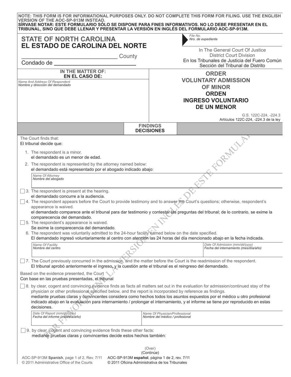 Form AOC-SP-913 Order Voluntary Admission of Minor - North Carolina (English / Spanish), Page 1