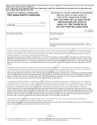 Document preview: Form AOC-SP-917 Release of Court Orders Concerning Mental Health and Capacity for Pistol Purchase Permit - North Carolina (English/Vietnamese)