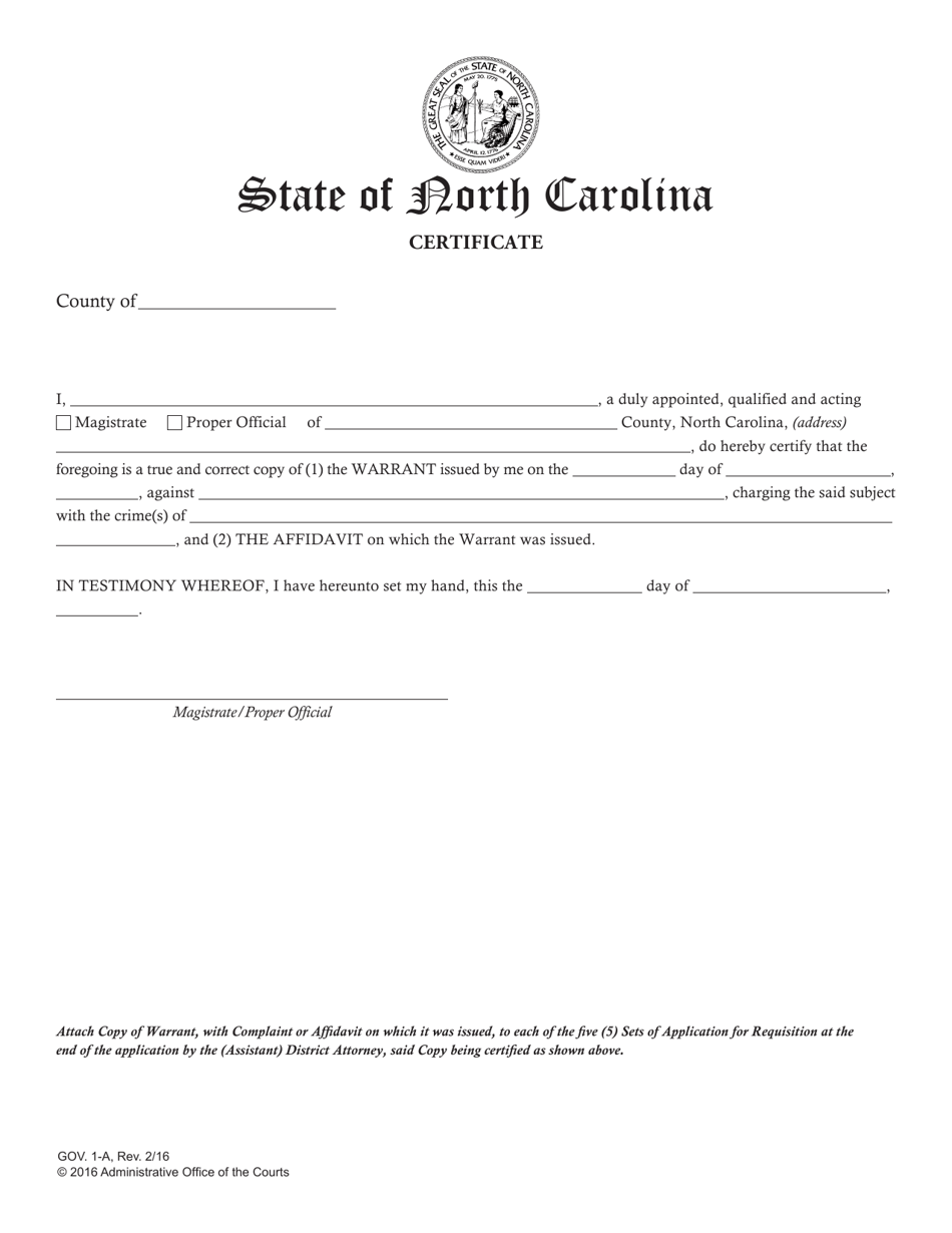 Form GOV.1-A Certificate (Of Magistrate) - North Carolina, Page 1