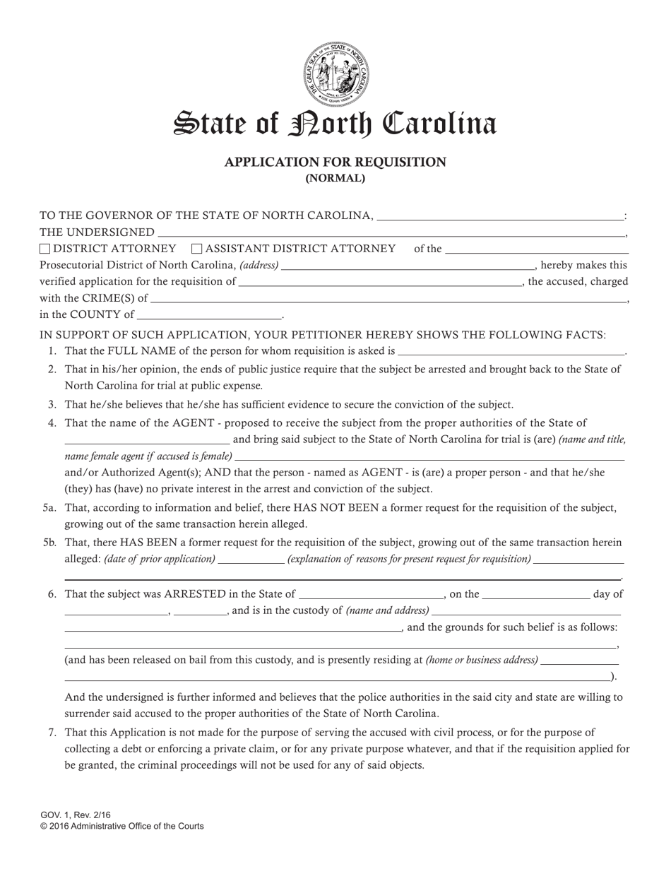 Form GOV.1 Application for Requisition (Normal) - North Carolina, Page 1