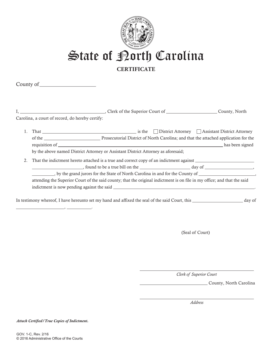 Form GOV.1-C Certificate (To Be Used With Indictment) - North Carolina, Page 1