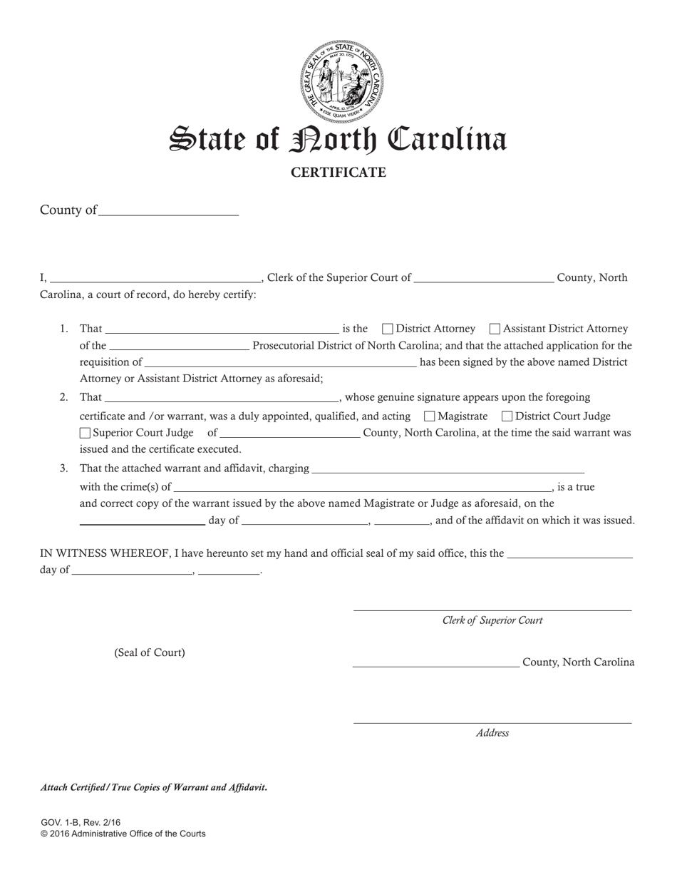 Form GOV.1-B Certificate (To Be Used With Warrant and Affidavit) - North Carolina, Page 1