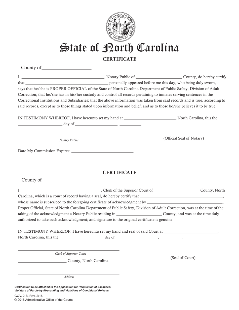 Form GOV.2-B Certificate (Of Notary) - North Carolina, Page 1