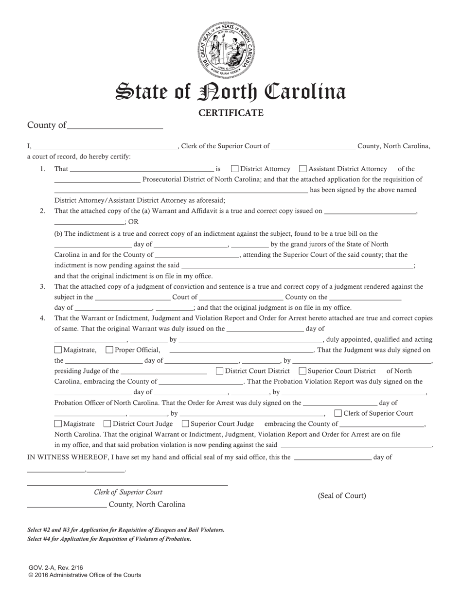 Form GOV.2-A Certificate (To Be Used With All Gov. 2 Applications) - North Carolina, Page 1