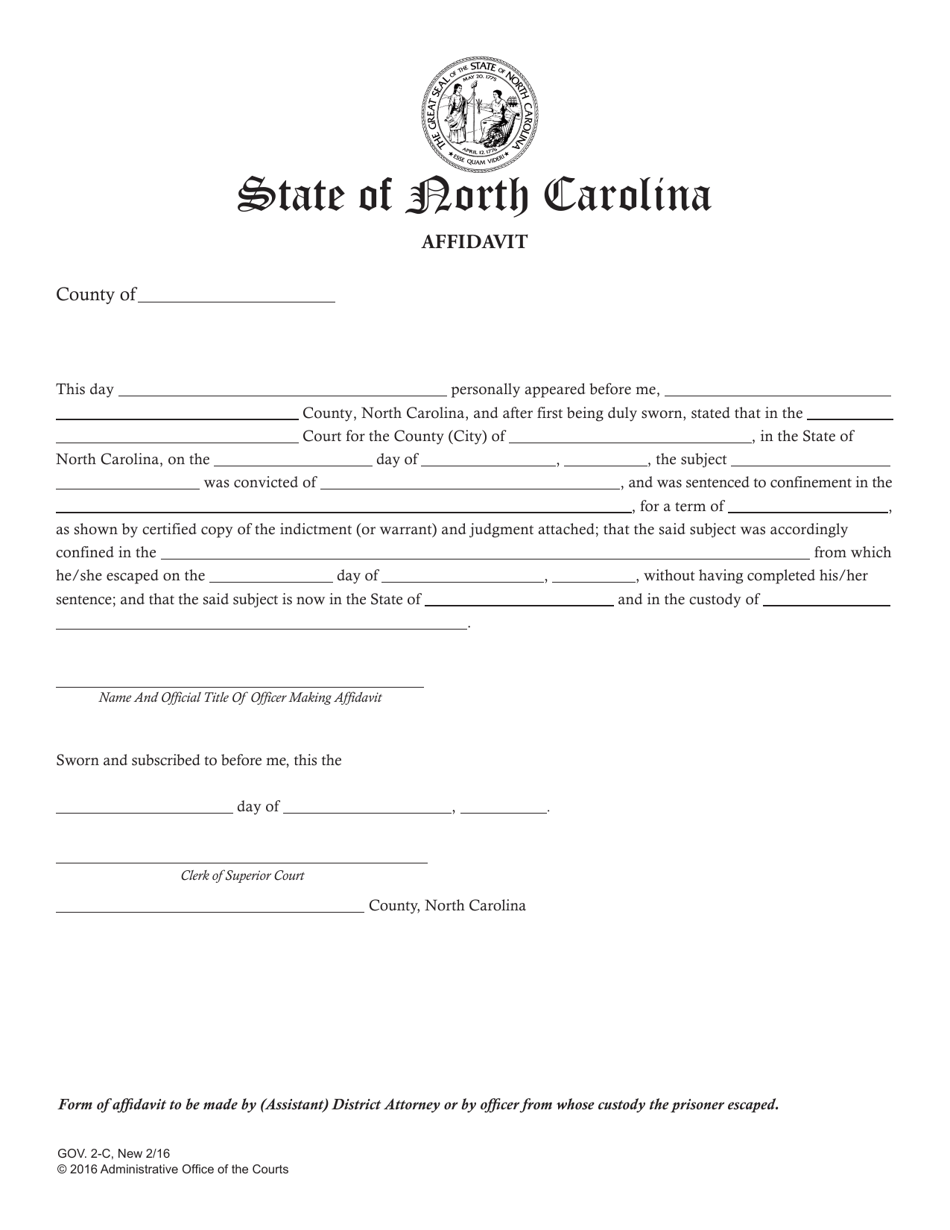 Form GOV.2-C Affidavit (To Be Used for Escapee) - North Carolina, Page 1