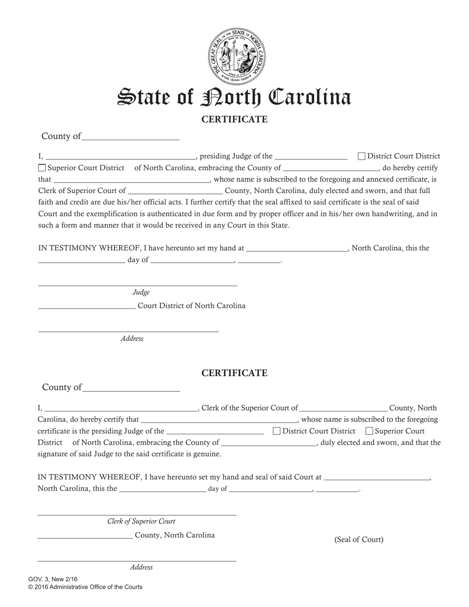 Form GOV.3 Certificate (Cross Certification to Be Used for All Gov. 1 and Gov. 2 Applications) - North Carolina, Page 1
