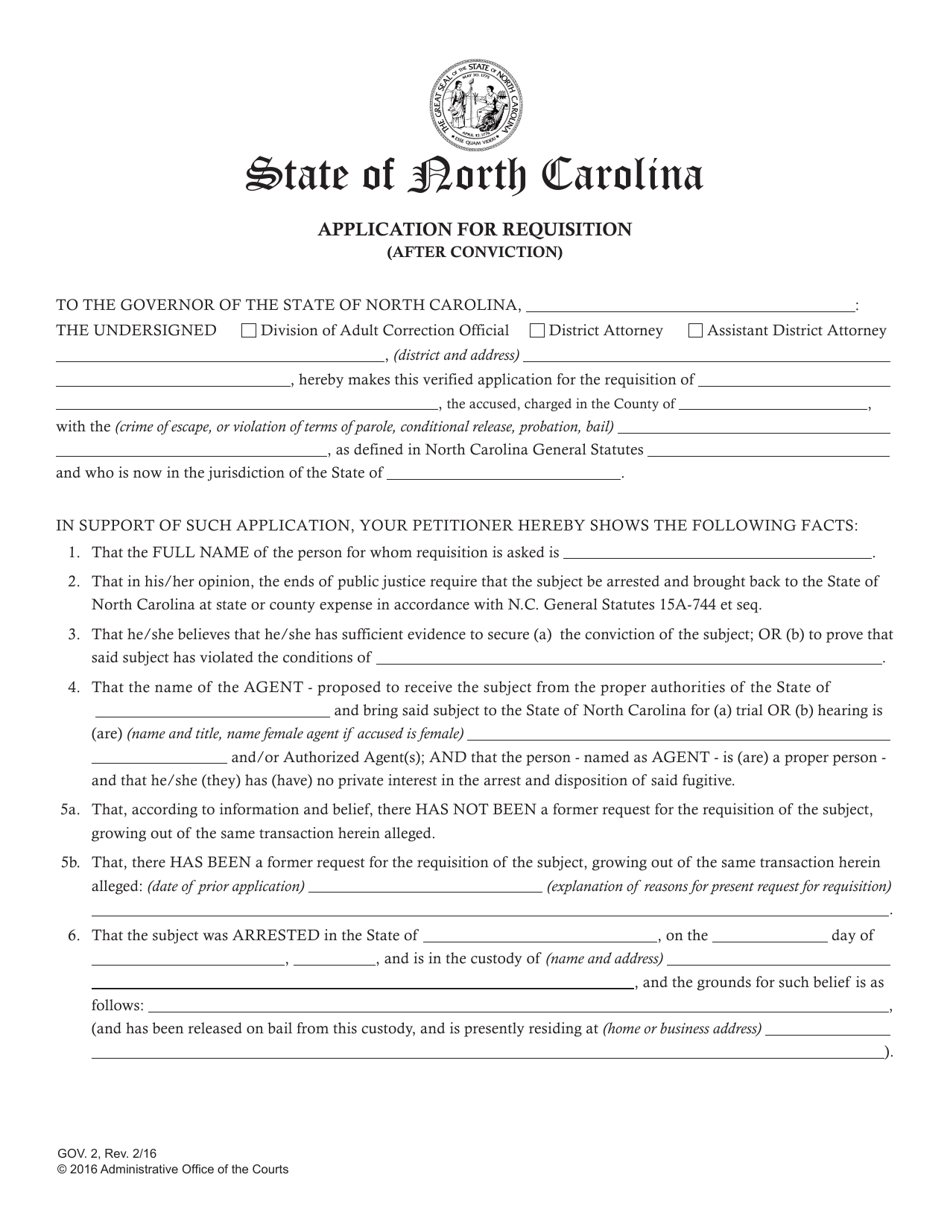 Form GOV.2 Application for Requisition (After Conviction) - North Carolina, Page 1