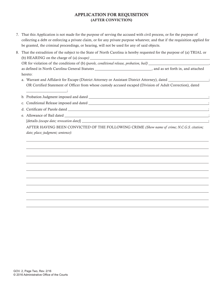 Form GOV.2 Application for Requisition (After Conviction) - North Carolina, Page 2