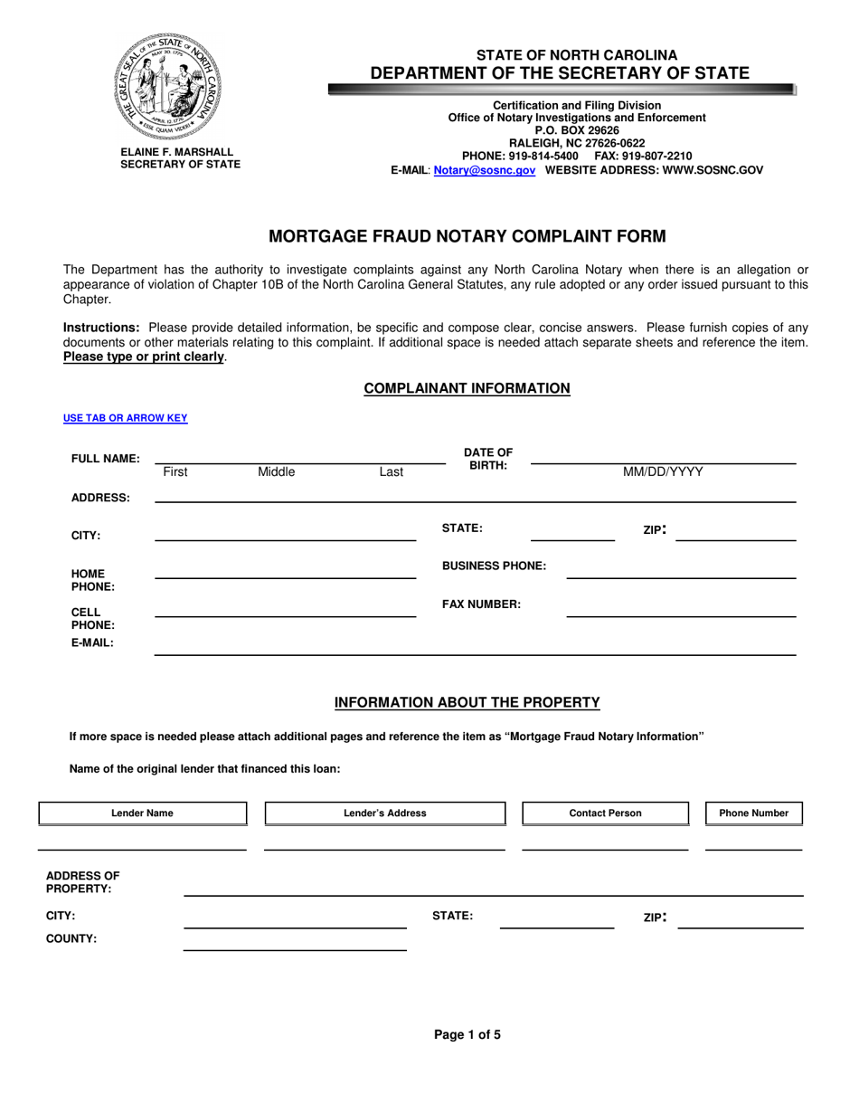 Mortgage Fraud Notary Complaint Form - North Carolina, Page 1
