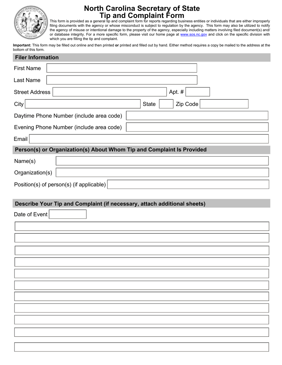 Tip and Complaint Form - North Carolina, Page 1