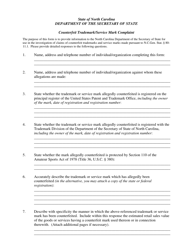 Document preview: Counterfeit Trademark/Service Mark Complaint - North Carolina