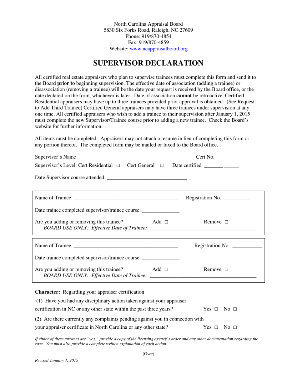 Supervisor Declaration - North Carolina, Page 1