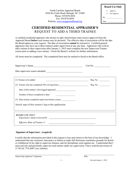Certified Residential Appraiser's Request to Add a Third Trainee - North Carolina Download Pdf