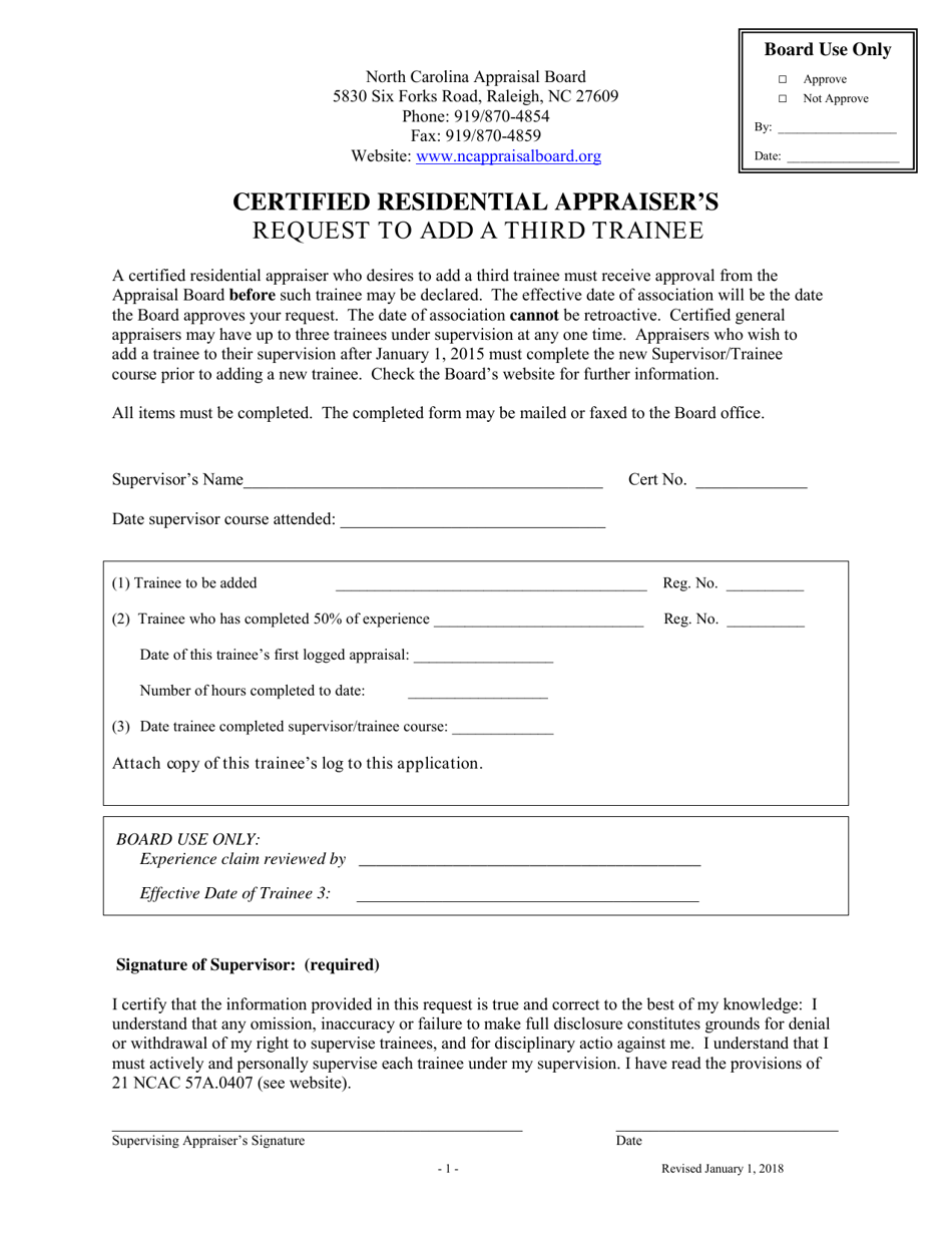 North Carolina Certified Residential Appraiser's Request to Add a Third ...