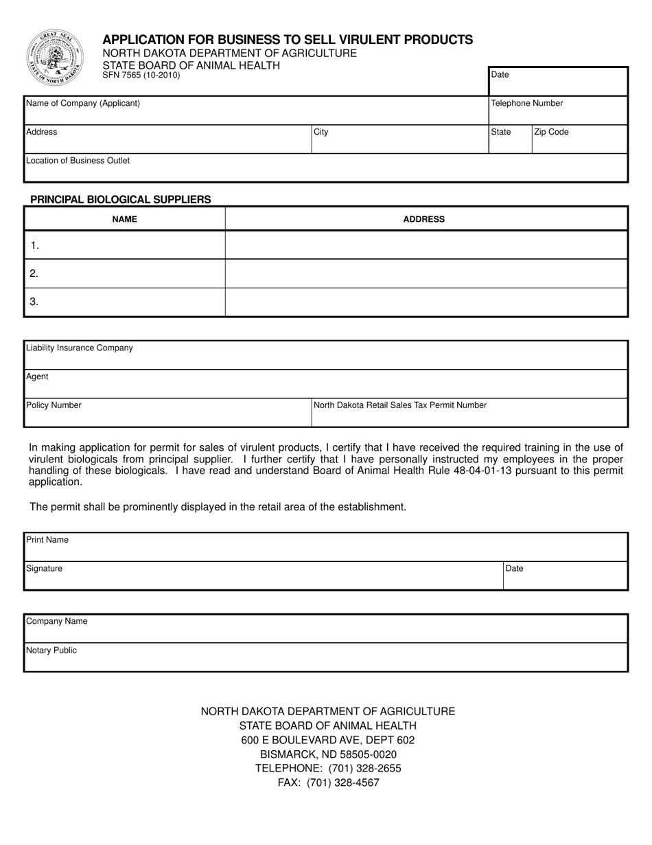 Form SFN7565 Application for Business to Sell Virulent Products - North Dakota, Page 1