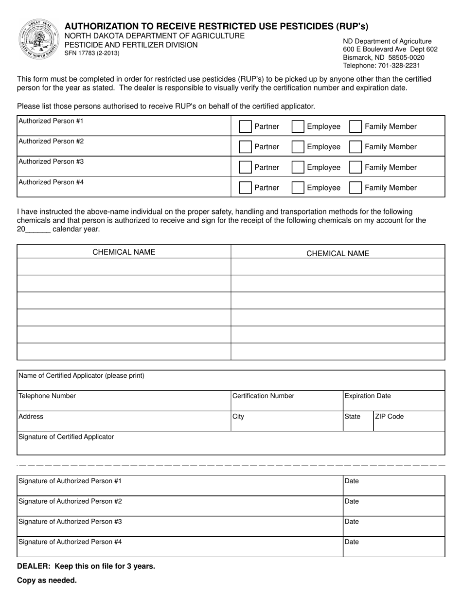 Form SFN17783 Authorization to Receive Restricted Use Pesticides (Rup's) - North Dakota, Page 1