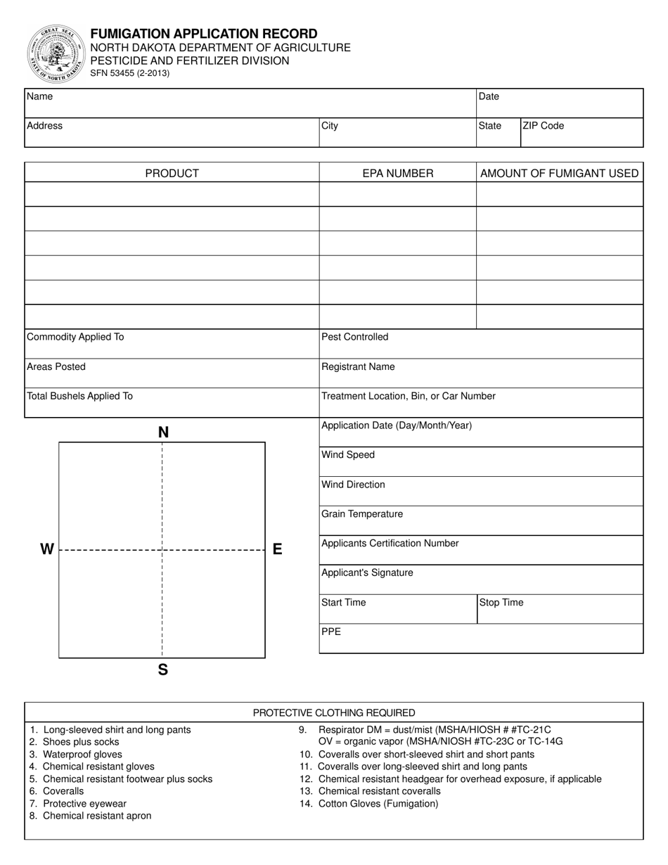 Form SFN53455 Fumigation Application Record - North Dakota, Page 1