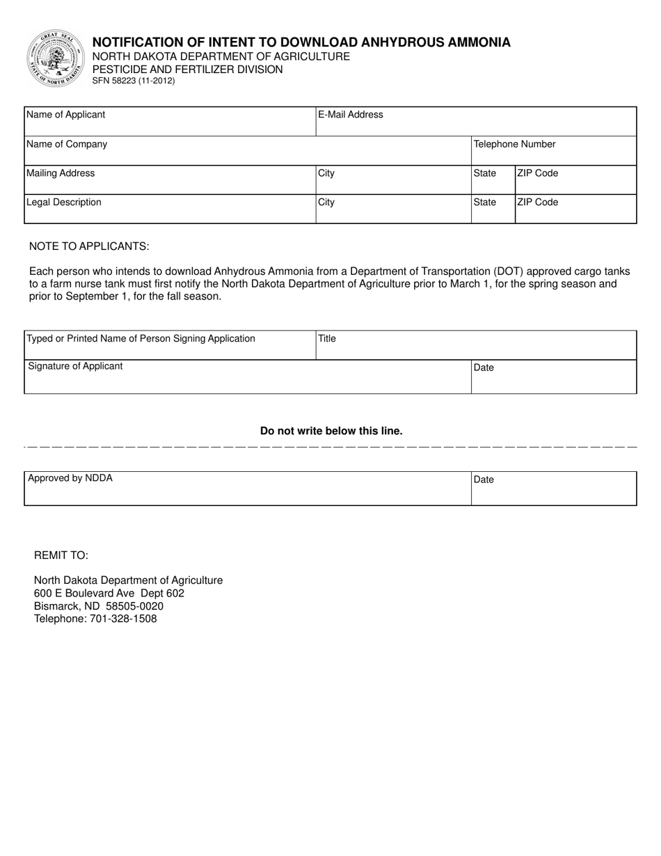 Form SFN58223 Notification of Intent to Download Anhydrous Ammonia - North Dakota, Page 1
