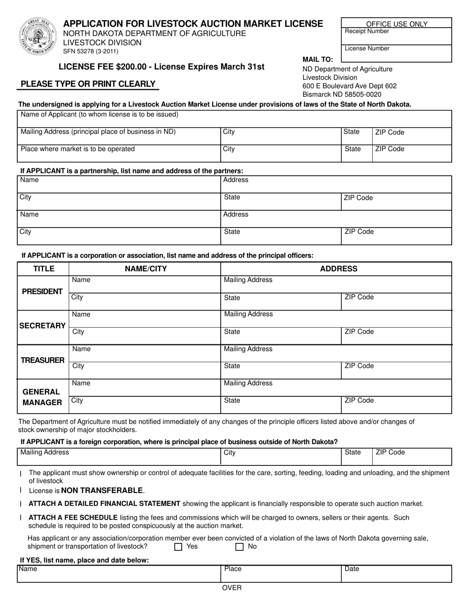 Form SFN53278 Application for Livestock Auction Market License - North Dakota, Page 1