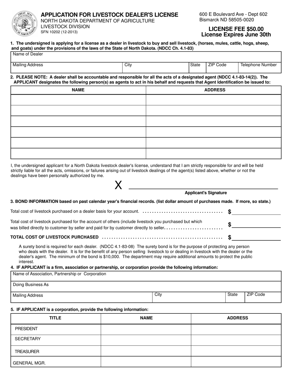 Form SFN10202 Application for Livestock Dealers License - North Dakota, Page 1
