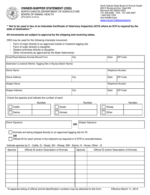 Form SFN60375 Owner-Shipper Statement (Oss) - North Dakota