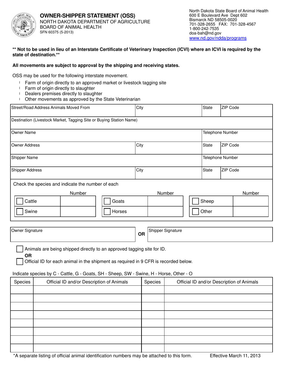 Form SFN60375 Owner-Shipper Statement (Oss) - North Dakota, Page 1